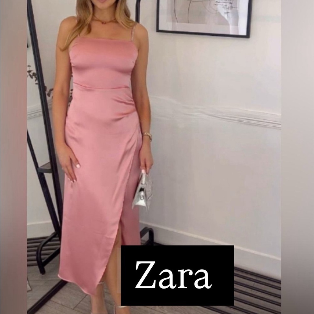 Zara Pink Satin Effect Dress Straight neck midi dress sparkly thin straps.